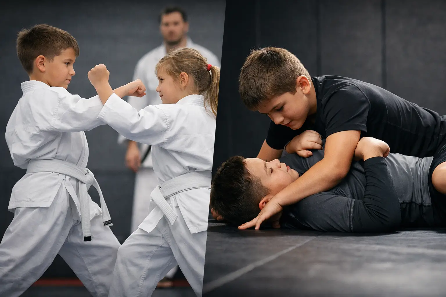 karate-vs-jiu-jitsu-for-kids Kids practicing karate and jiu jitsu in a martial arts class, showing standing techniques and ground grappling