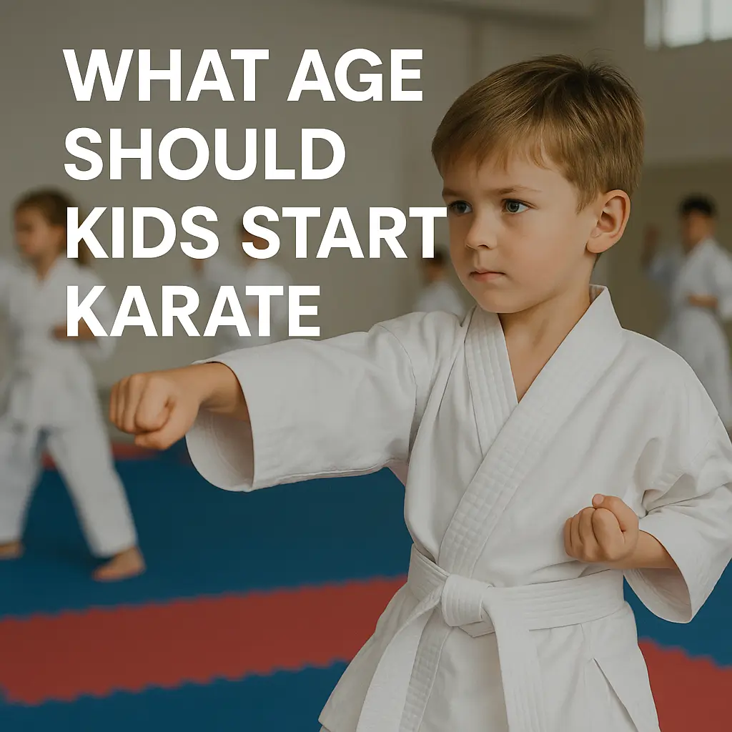 karateimg Young child practicing beginner karate in a kids martial arts class.