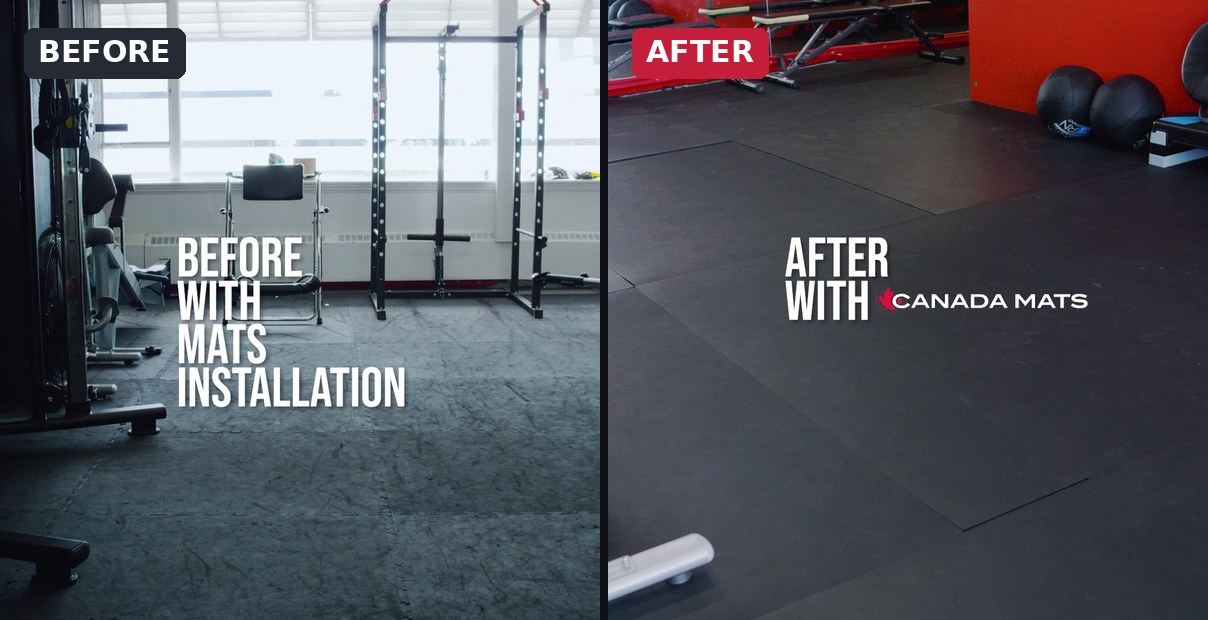 Before and after of the Modern Warrior Academy training floor in New Westminster, showing worn old mats replaced with new professional martial arts mats