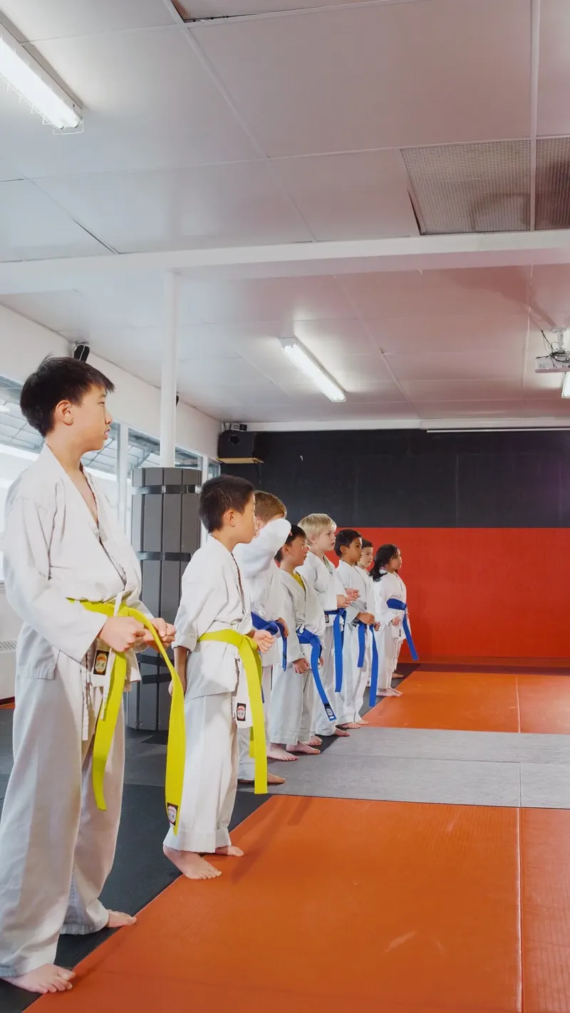 Row of kids standing respectfully in line at the start of martial arts class