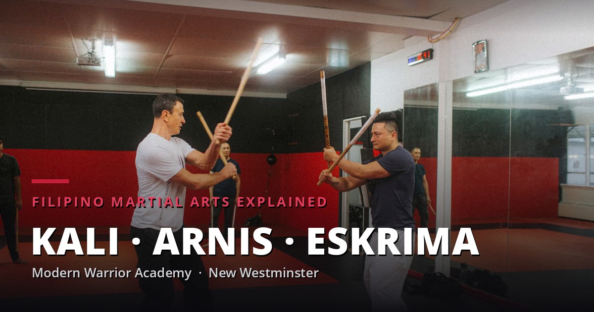 Filipino Martial Arts Explained — Kali, Arnis & Eskrima at Modern Warrior Academy Two students practicing Kali stick fighting with rattan sticks at Modern Warrior Academy in New Westminster