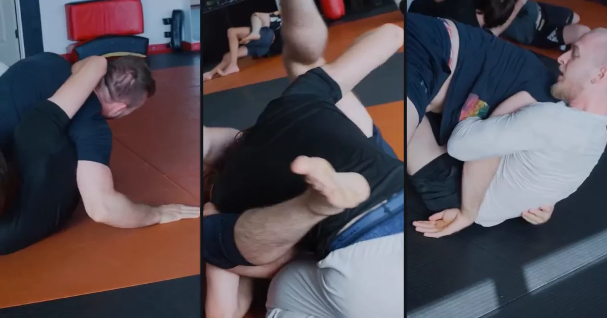 BJJ escape, counter and reversal examples Three frames from Modern Warrior jiu-jitsu demonstrations: a triangle escape, a takedown countered with a triangle, and a reversal into side control.